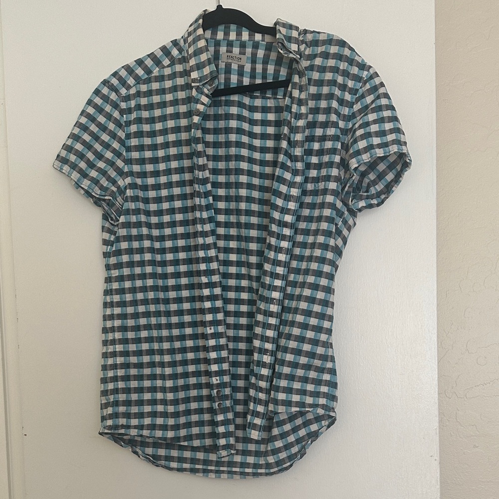 Reaction Kenneth Cole Teal and White Short-Sleeve Checked Button-Down Shirt